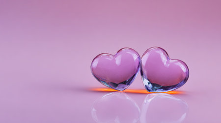 Two beautifully crafted heart-shaped glass objects sit closely together on a soft pink background. Their reflective surfaces create a romantic and elegant atmosphere perfect for artistic projects.の素材