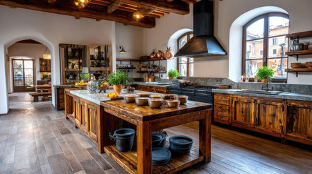 Explore an inviting modern rustic kitchen featuring elegant wooden craftsmanship, plenty of counter space, and natural light, perfect for cooking and entertaining.の素材