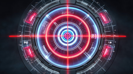A high-tech digital target display featuring vibrant red and blue lights, designed for technology and gaming themes, perfect for modern digital art projects.の素材
