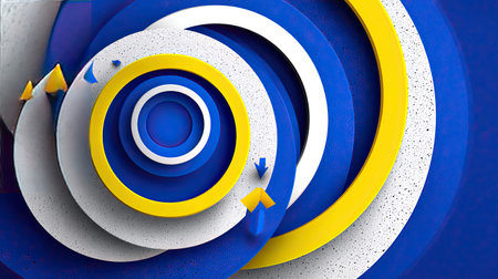 This abstract geometric design features spiraling circular forms in blue, yellow, and white, creating a sense of depth and movement suitable for modern decor or digital use.の素材