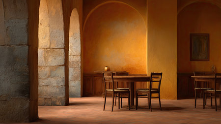 A tranquil and cozy empty room featuring wooden furniture and warm walls, perfect for artistic photography or interior design projects, conveying peace and simplicity.の素材