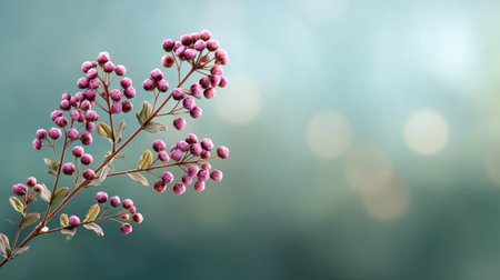 A serene image of a delicate branch featuring pink berries against a soft focus background. Ideal for nature themes and calming aesthetics.の素材
