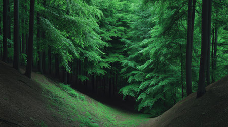 A peaceful forest pathway beckons through rich green foliage, creating a serene atmosphere perfect for reflection, relaxation, or exploration in natureの素材
