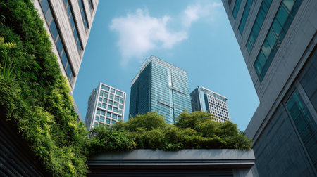 A stunning view of skyscrapers framed between modern buildings with vibrant greenery, showcasing harmony between nature and contemporary architecture under a bright sky.の素材