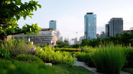 Lush urban garden featuring vibrant plants and modern buildings in the backdrop, creating a tranquil escape in the heart of the city, perfect for relaxation.の素材