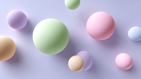 This image showcases an arrangement of soft pastel colored spheres gently floating against a light purple backdrop, creating a harmonious and calming visual experience.の素材