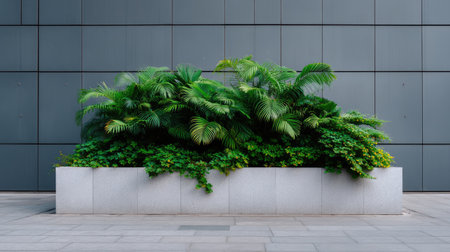 A contemporary urban planter filled with vibrant tropical plants sits beside a modern building wall, showcasing a blend of fresh greenery and dynamic textures.の素材