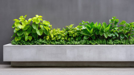 This image captures a stylish cement planter hosting a variety of lush green plants, creating a perfect blend of nature and modern design in any space.の素材