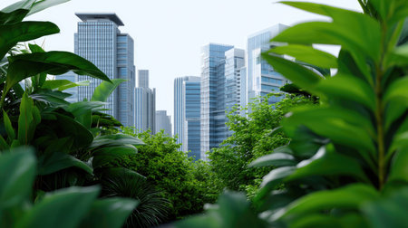 A stunning view of a modern skyline framed by lush greenery, showcasing the harmony between nature and urban development in a vibrant contemporary landscape.の素材