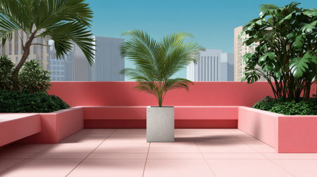 A beautiful modern patio featuring tropical plants and a pink wall, set against a city skyline, ideal for promoting outdoor lifestyles and urban retreat concepts.の素材