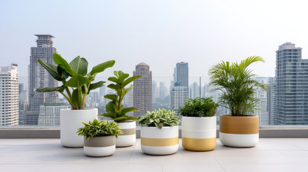 A chic collection of indoor plants in modern pots enhances a balcony setting, offering breathtaking city views. Perfect for home decor and urban living inspiration.の素材