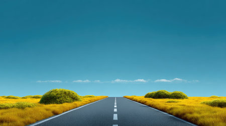 A captivating view of an open road winding through vibrant yellow fields under a clear blue sky, evoking feelings of freedom, tranquility, and adventure.の素材