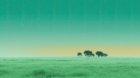 This serene image captures a vast green field with silhouetted trees against a softly gradient sky, evoking feelings of peace and tranquility in nature.の素材