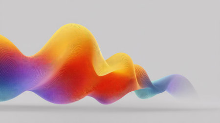 This colorful abstract wave features smooth flowing lines with vibrant shades of orange, purple, and yellow, set against a light gray background, perfect for creative projects.の素材