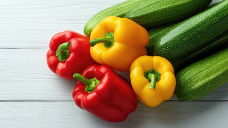 Bright red and yellow bell peppers alongside fresh green zucchini on a rustic wooden background, perfect for promoting healthy eating and vibrant recipes.の素材