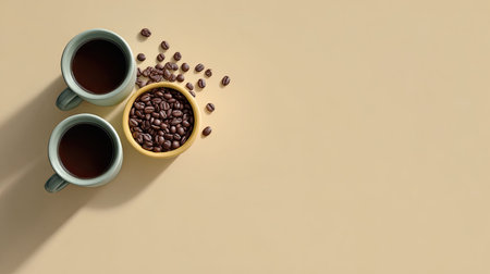 This image features two coffee cups next to a bowl filled with coffee beans on a beige surface, creating a cozy and inviting atmosphere, perfect for coffee lovers.の素材