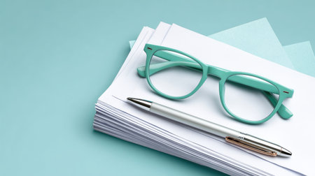 A minimalist workspace scene with aqua glasses resting on a stack of white paper beside a sleek silver pen, all set against a soft teal background, perfect for creativity.の素材