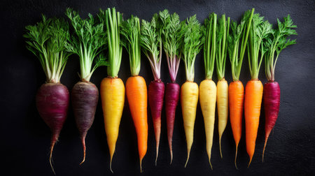 This image showcases an array of fresh, colorful root vegetables with green tops against a dark background, ideal for promoting healthy eating and culinary creativity.の素材