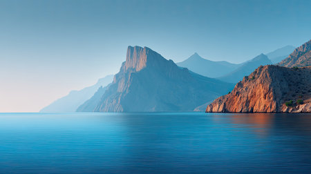 This stunning seascape features majestic mountains alongside tranquil waters at dawn, creating a serene atmosphere perfect for relaxation or inspiration.の素材