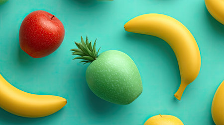 A visually appealing collection of fresh fruits, including a bright red apple, several ripe bananas, and a distinctive green strawberry, presented on a teal background.の素材