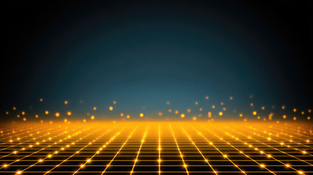 A stunning visual featuring a grid pattern illuminated by golden lights against a dark background, ideal for themes of technology, design, and abstract art.の素材