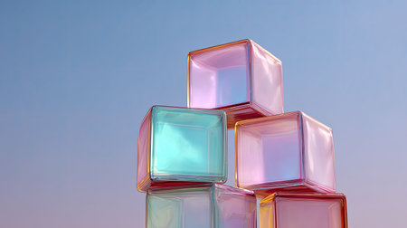 This image depicts colorful translucent cubes artfully stacked against a serene gradient sky, ideal for creative and artistic projects. The vibrant colors enhance the modern aesthetic.の素材