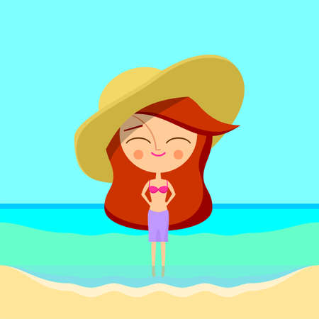 Cute girl on the beach standing in the waterのイラスト素材
