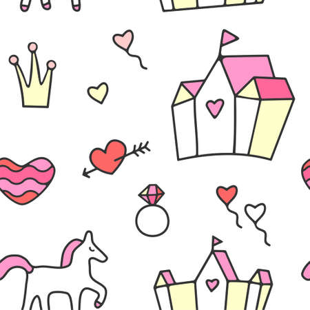 Princess theme seamless pattern in hand drawn styleのイラスト素材
