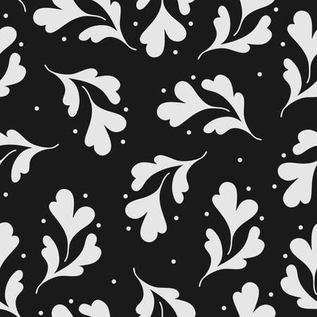 Monochrome seamless pattern with floral motif. Silver flowers and dots on black backgroundのイラスト素材