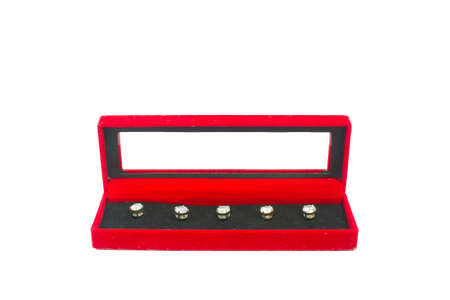 diamond buttons in a velvet red boxの写真素材