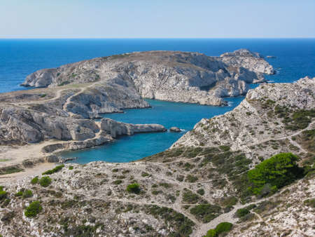 view of the bay and islands from the top of a hill in marseille in summerの写真素材