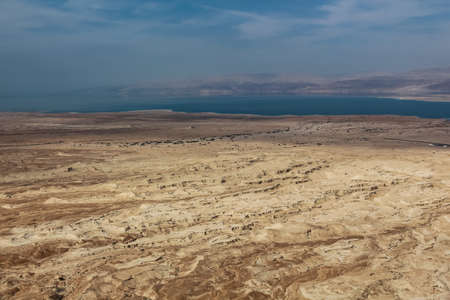 view from the mountains to the dead sea in israelの写真素材