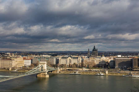 view of the embankment of the river Danube and bridge in Budapest , Hungaryのeditorial素材