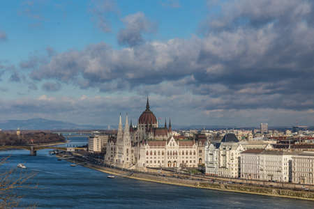 view of the embankment of the river Danube and old Parliament building in Budapest , Hungaryのeditorial素材