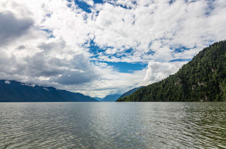 Boat trip on Lake Teletskoye, Altai, Russiaの写真素材