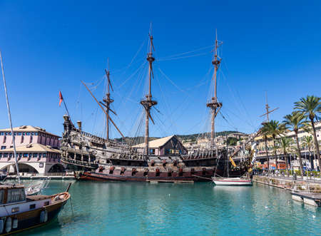 Old pirate ship at berth in the port of Genoa, Italy