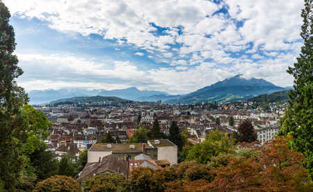Panoramic view from the mountain on Lucerne and Lake Lucerne, Switzerlandの写真素材