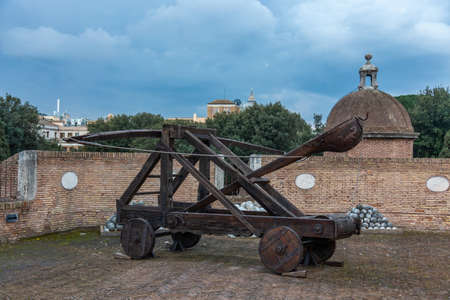 Middle Ages throwing weapons on the wall of the Castle of Saint Angel, Rome, Italy.のeditorial素材