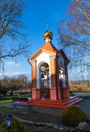 Little brick chapel with bells in Brest Fortress, Belarusの写真素材