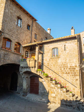 old stone houses in narrow streets in the old town of Viterbo, Italyの写真素材