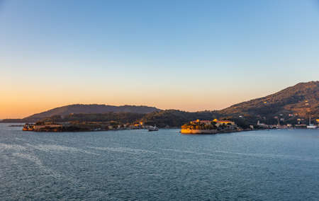 View from a cruise ship at sunrise in the harbor of La Spezia, Italy.の写真素材