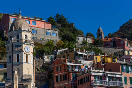 Cinque Terre Nature Reserve and small towns with vibrant colorful houses in La Spezia, Italy.