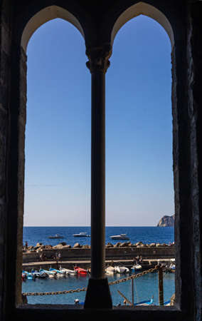 Cinque Terre Nature Reserve and small towns with vibrant colorful houses in La Spezia, Italy.の写真素材