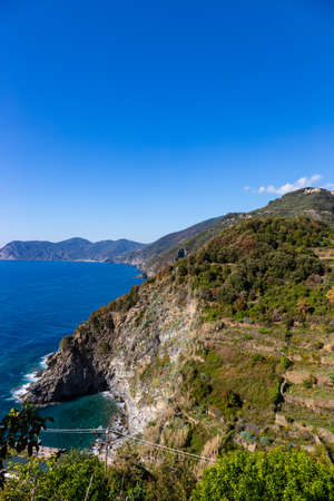 Cinque Terre coast and small towns with vibrant colorful houses in La Spezia, Italy.