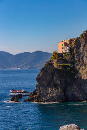 Cinque Terre coast and small towns with vibrant colorful houses in La Spezia, Italy.の写真素材