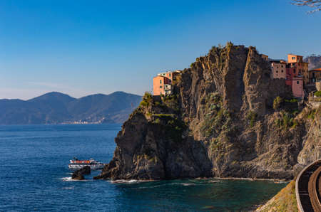 Cinque Terre coast and small towns with vibrant colorful houses in La Spezia, Italy.の写真素材