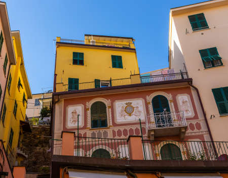 Cinque Terre coast and small towns with vibrant colorful houses in La Spezia, Italy.の写真素材