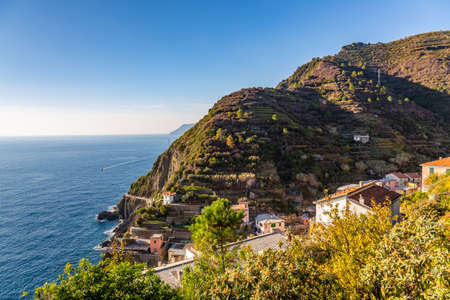 Cinque Terre coast and small towns with vibrant colorful houses in La Spezia, Italy.の写真素材