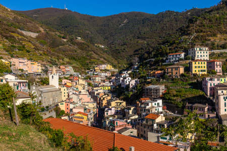 Cinque Terre coast and small towns with vibrant colorful houses in La Spezia, Italy.の写真素材