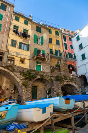 Cinque Terre coast and small towns with vibrant colorful houses in La Spezia, Italy.の写真素材